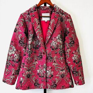 Susan Graver Jacquard Tapestry Blazer Size 4 Pink Black Gold One Button Jacket